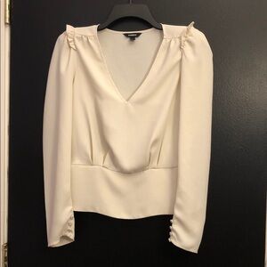 EXPRESS Cream V-Neck Puff Shoulder Blouse